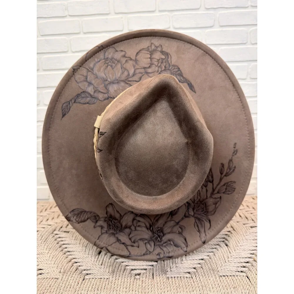 Sun Kissed Fedoras Cowgirl Hat Hand-Drawn Horse Floral Wide Brim Horse and Sunflowera Burned Hat, Floral Burned Cowgirl  main image 4